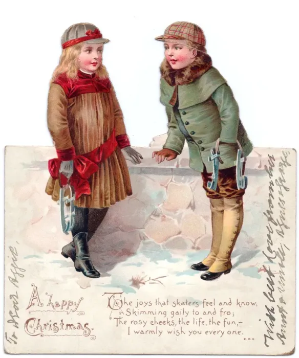 Framed Print : Girl and boy on a reversible Christmas card Framed Print : Girl and boy on a reversible Christmas card