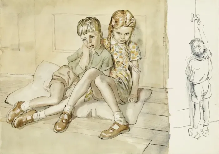 Framed Print : Girl and Boy sitting on cushions Framed Print : Girl and Boy sitting on cushions