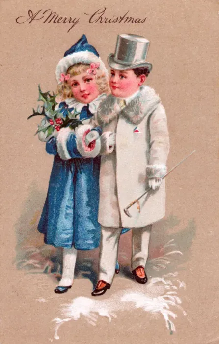 Framed Print : Girl and boy in the snow on a Christmas postcard Framed Print : Girl and boy in the snow on a Christmas postcard