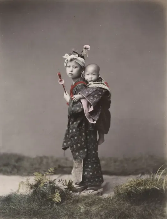 Framed Print : Girl carrying a baby, Japan Framed Print : Girl carrying a baby, Japan