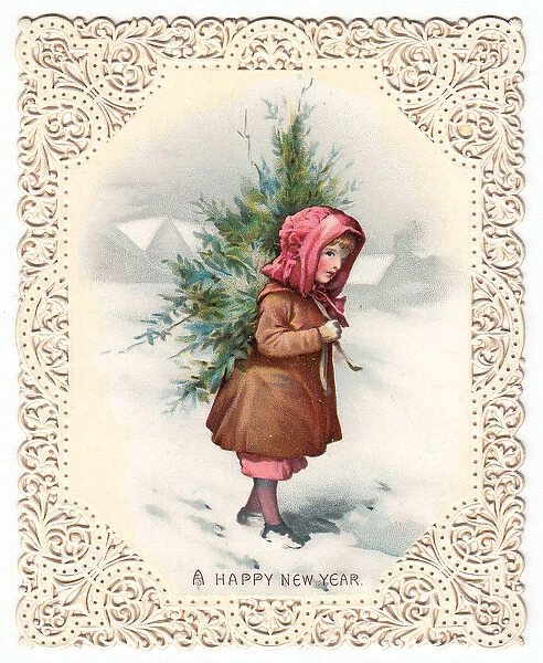 Girl carrying tree through snow on a New Year card