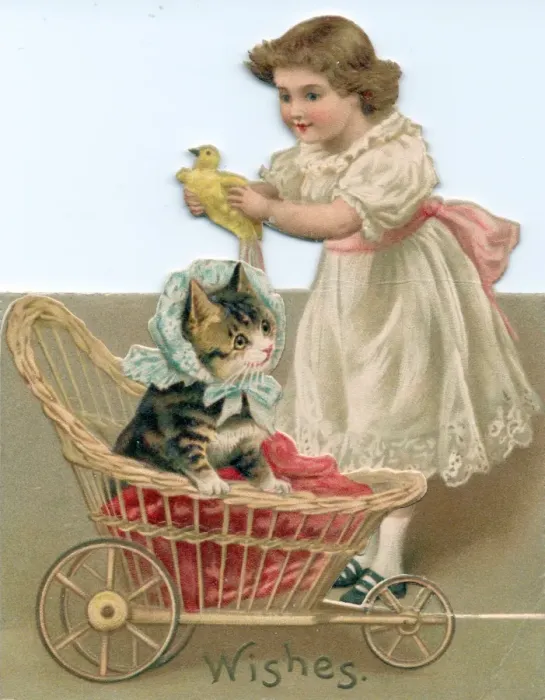 Framed Print : Girl with cat and bird on a Good Wishes cutout card Framed Print : Girl with cat and bird on a Good Wishes cutout card