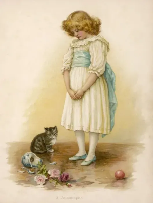 Framed Print : Girl / Cat / Broken Jar Framed Print : Girl / Cat / Broken Jar