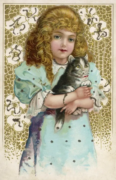 Framed Print : Girl and Cat / German Card Framed Print : Girl and Cat / German Card