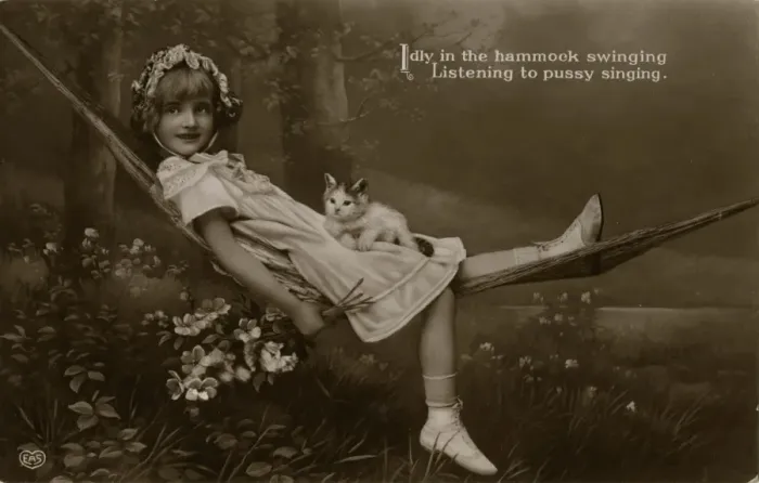 Framed Print : Girl and Cat in Hammock Framed Print : Girl and Cat in Hammock