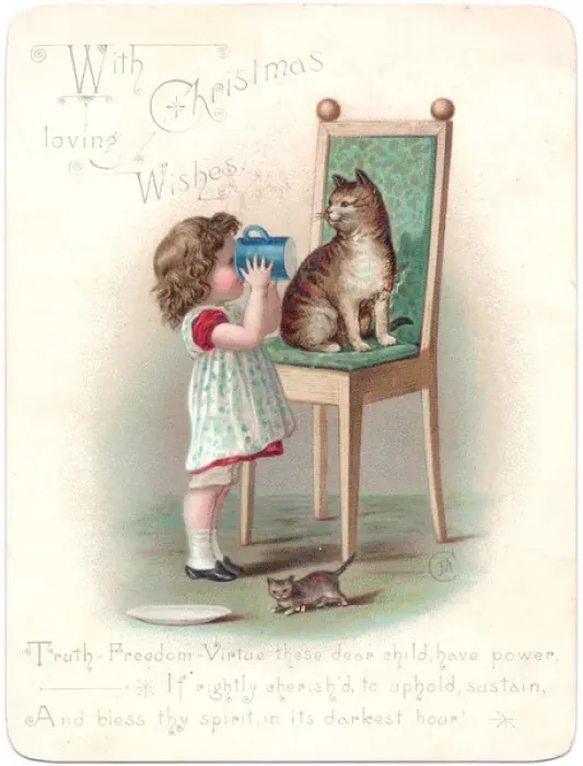 Framed Print : Girl with cat and kitten on a Christmas card Framed Print : Girl with cat and kitten on a Christmas card