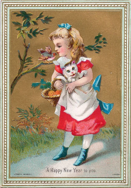 Girl with cat and robin in a garden on a New Year card