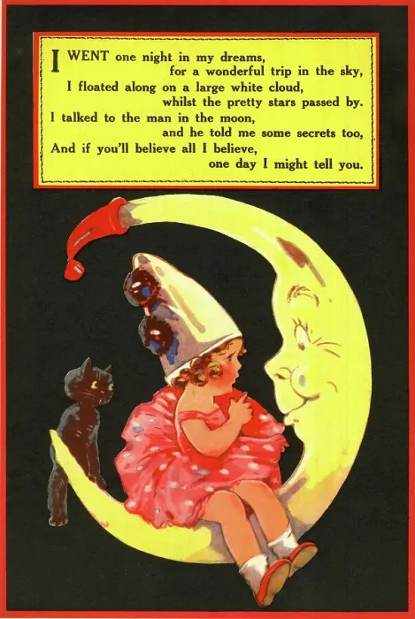 Framed Print : Girl and cat sitting on a crescent moon Framed Print : Girl and cat sitting on a crescent moon