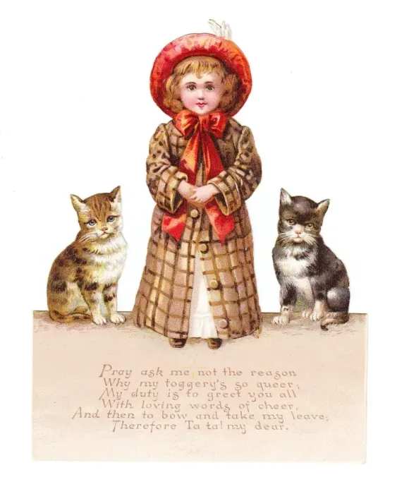 Framed Print : Girl with two cats on a cutout greetings card Framed Print : Girl with two cats on a cutout greetings card