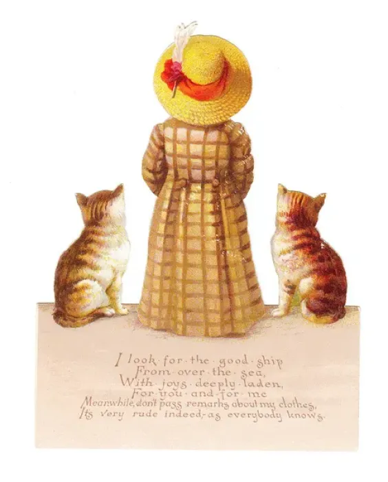 Framed Print : Girl with two cats on a cutout greetings card Framed Print : Girl with two cats on a cutout greetings card