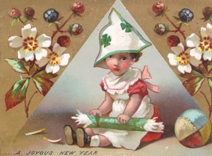 Framed Print : Girl with Christmas cracker on a New Year card Framed Print : Girl with Christmas cracker on a New Year card