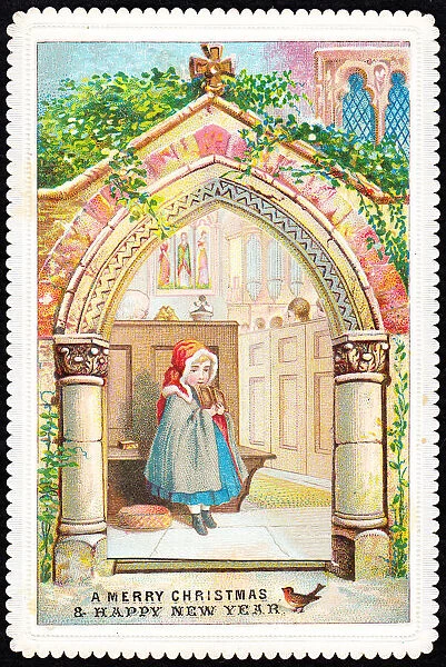 Girl in church on a Christmas and New Year card