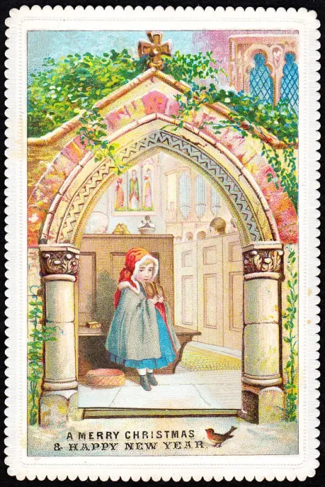 Framed Print : Girl in church on a Christmas and New Year card Framed Print : Girl in church on a Christmas and New Year card