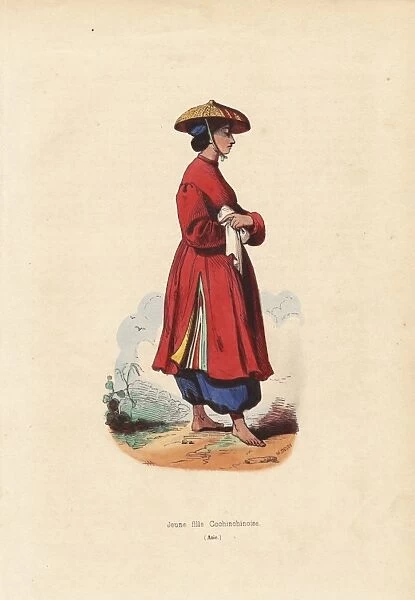 Girl of Cochinchine (Vietnam) in straw hat, ao dai tunic