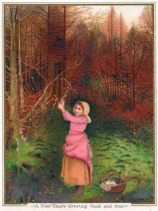 Framed Print : Girl collecting firewood on a New Year card Framed Print : Girl collecting firewood on a New Year card