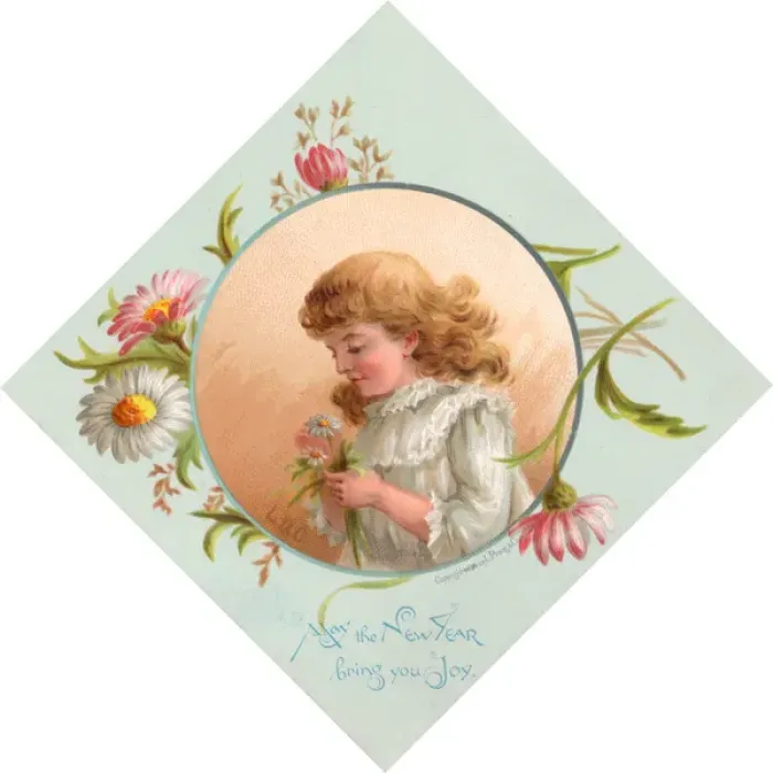 Framed Print : Girl with daisies on a New Year card Framed Print : Girl with daisies on a New Year card
