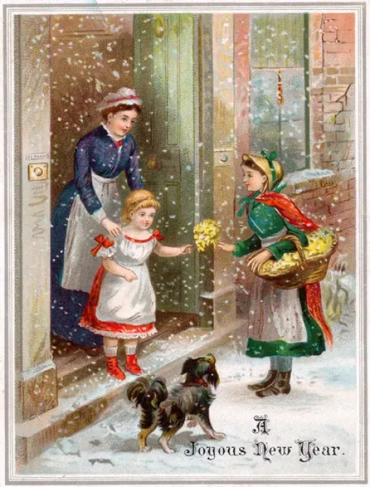 Framed Print : Girl delivering flowers in the snow on a New Year card Framed Print : Girl delivering flowers in the snow on a New Year card