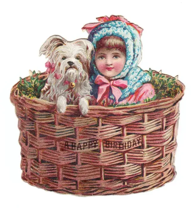 Framed Print : Girl and dog in a basket on a cutout birthday card Framed Print : Girl and dog in a basket on a cutout birthday card