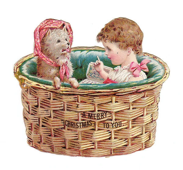 Girl and dog in a basket on a cutout Christmas card