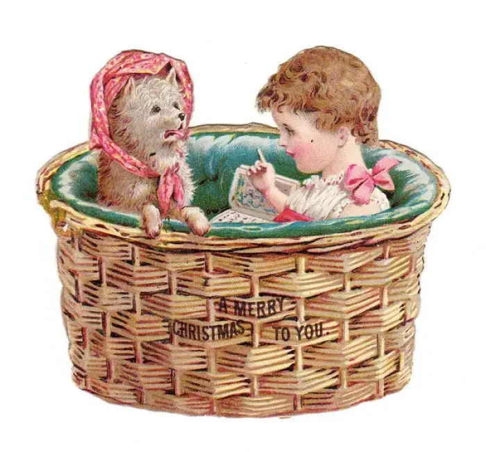 Framed Print : Girl and dog in a basket on a cutout Christmas card Framed Print : Girl and dog in a basket on a cutout Christmas card