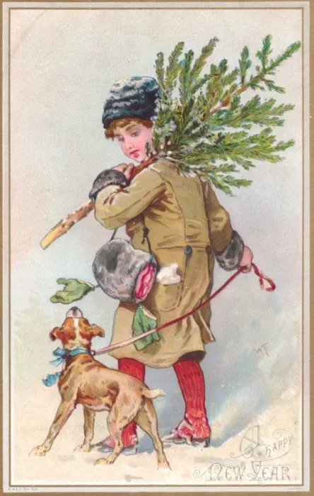 Framed Print : Girl and dog with Christmas tree on a New Year card Framed Print : Girl and dog with Christmas tree on a New Year card
