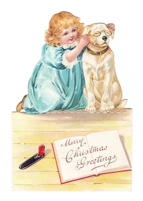 Framed Print : Girl and dog on a cutout Christmas card Framed Print : Girl and dog on a cutout Christmas card