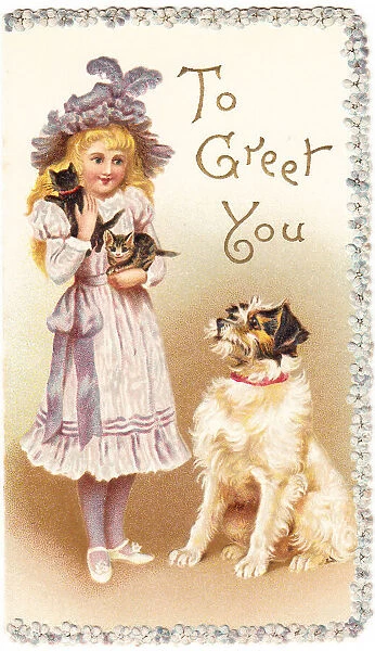 Girl with dog and kittens on a greetings card