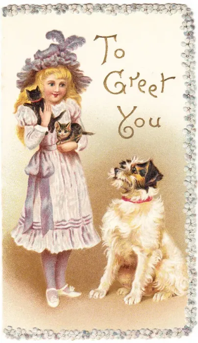 Framed Print : Girl with dog and kittens on a greetings card Framed Print : Girl with dog and kittens on a greetings card