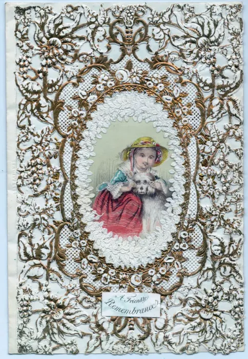 Framed Print : Girl and dog on a paper lace friendship card Framed Print : Girl and dog on a paper lace friendship card