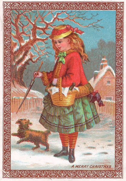 Girl and dog in the snow on a Christmas card