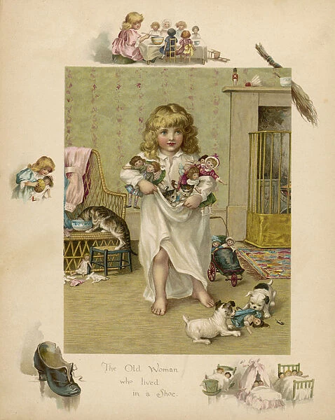 Girl with dogs, cats and dolls