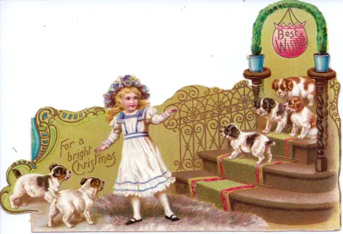 Framed Print : Girl with dogs on a cutout Christmas card Framed Print : Girl with dogs on a cutout Christmas card