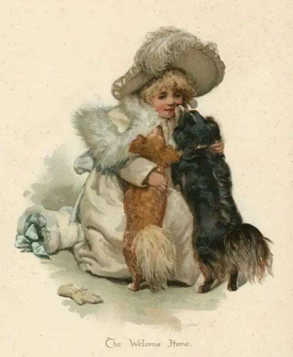 Framed Print : Girl / Dogs Welcome C1890 Framed Print : Girl / Dogs Welcome C1890
