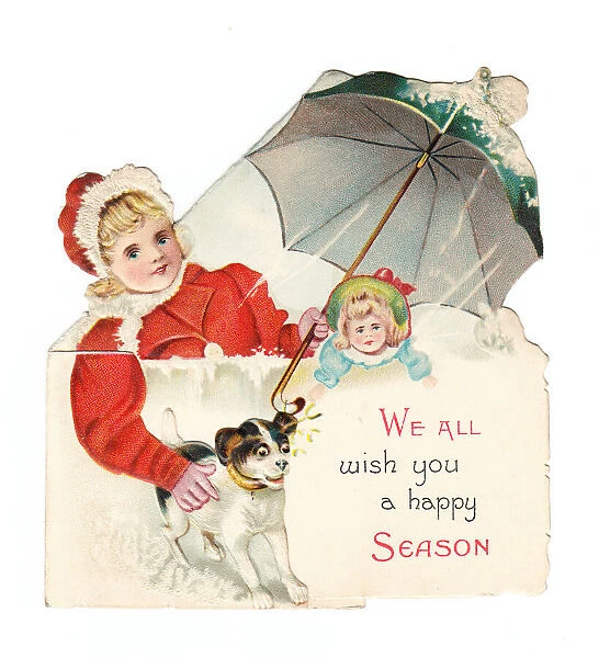 Girl, doll and dog on a cutout Christmas card