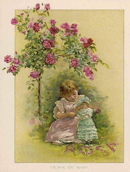Girl and Doll in Garden