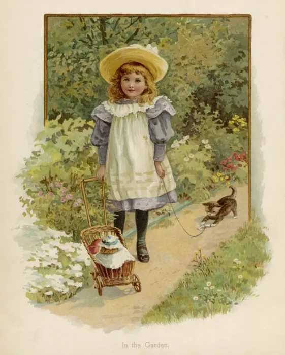 Framed Print : Girl / Doll / Kitten / Garden Framed Print : Girl / Doll / Kitten / Garden