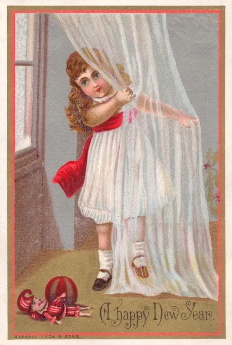 Framed Print : Girl and doll on a New Year card Framed Print : Girl and doll on a New Year card