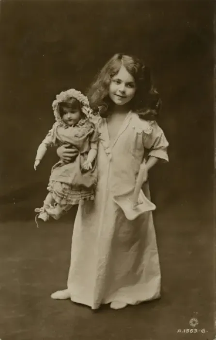 Framed Print : Girl & Doll Off to Bed Framed Print : Girl & Doll Off to Bed