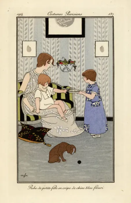 Framed Print : Girl in dress of blue floral crepe du chine Framed Print : Girl in dress of blue floral crepe du chine