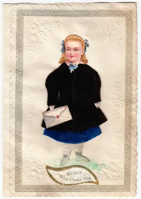 Framed Print : Girl with envelope on a fabric greetings card Framed Print : Girl with envelope on a fabric greetings card