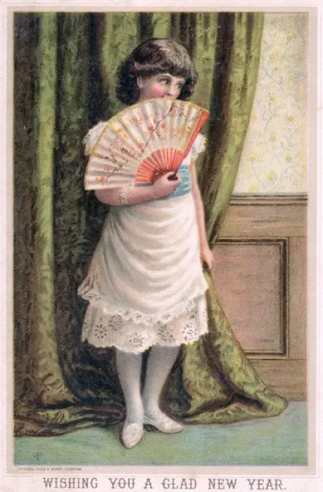 Framed Print : Girl with a fan on a New Year card Framed Print : Girl with a fan on a New Year card