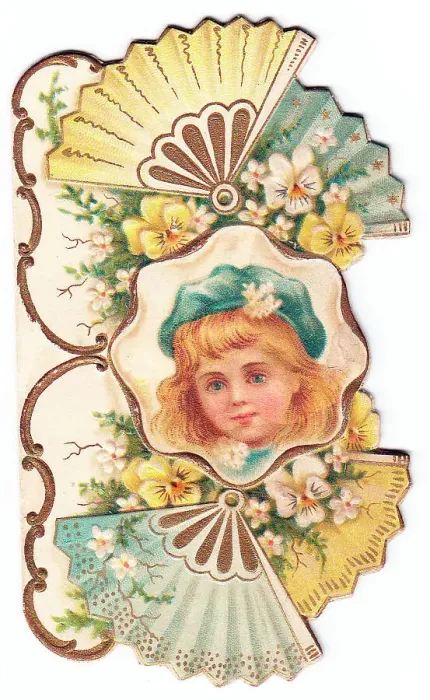 Framed Print : Girl with fans and flowers on a cutout greetings card Framed Print : Girl with fans and flowers on a cutout greetings card