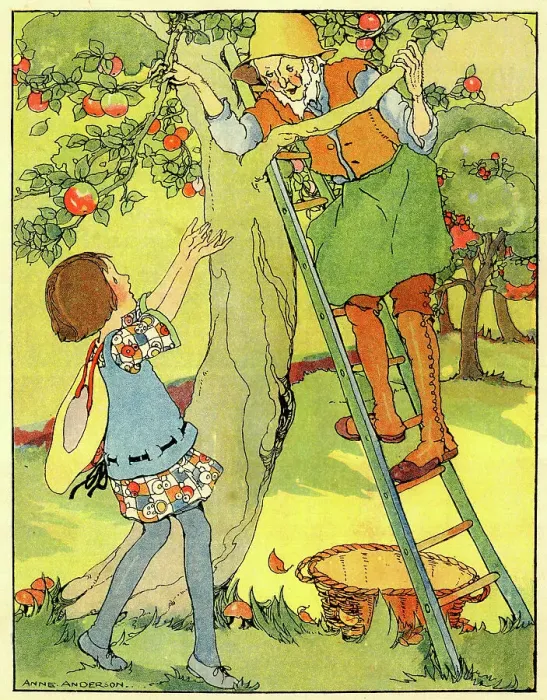 Framed Print : Girl and Farmer picking Apples Framed Print : Girl and Farmer picking Apples