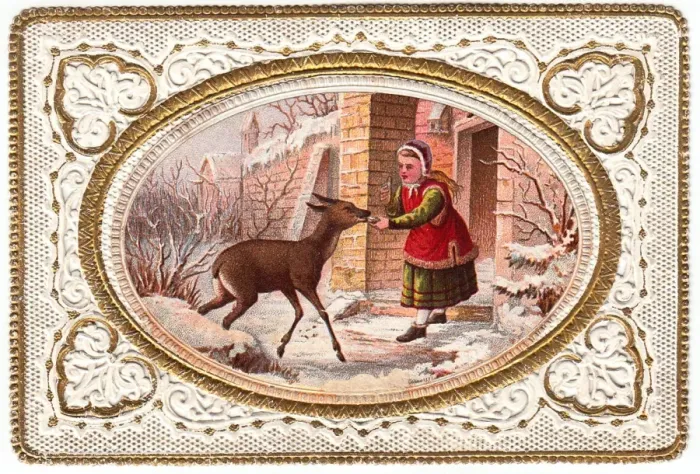 Framed Print : Girl feeding deer in the snow on a Christmas card Framed Print : Girl feeding deer in the snow on a Christmas card