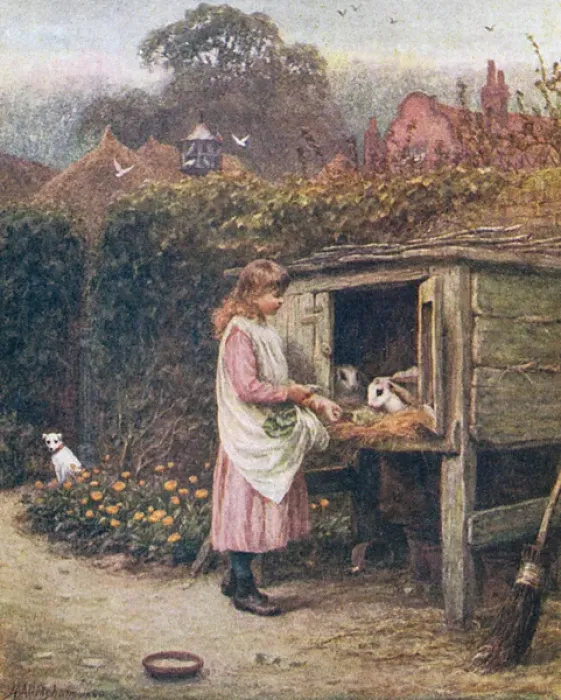 Framed Print : Girl Feeds Rabits 1880 Framed Print : Girl Feeds Rabits 1880
