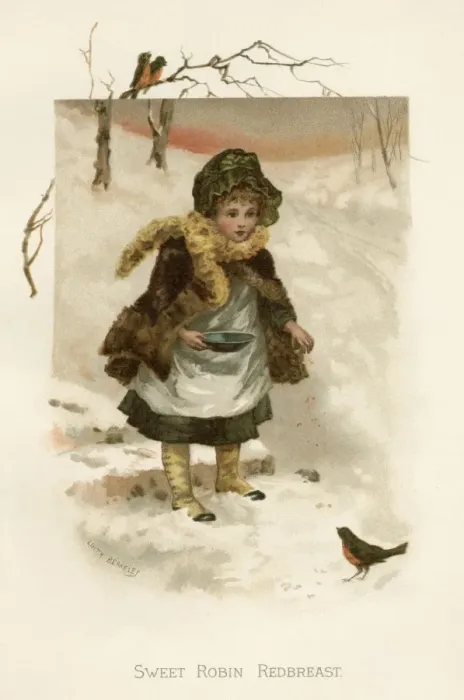 Framed Print : Girl Feeds Robin C1880 Framed Print : Girl Feeds Robin C1880