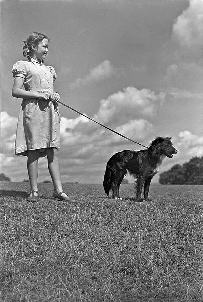 Girl in a field with a dog on a lead