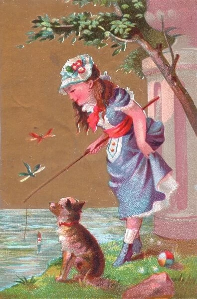 Girl fishing with dog on a greetings card