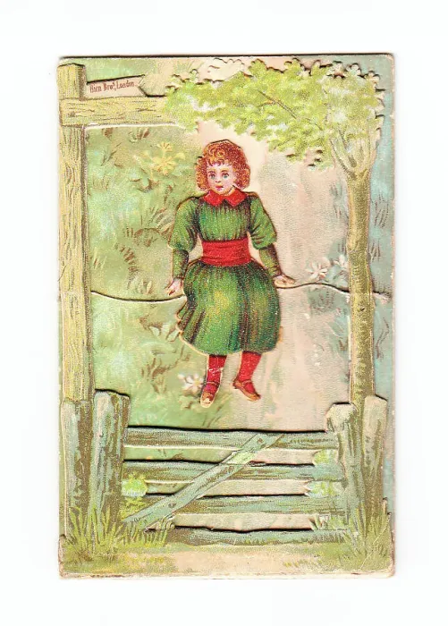 Framed Print : Girl and five-bar gate on a greetings card Framed Print : Girl and five-bar gate on a greetings card
