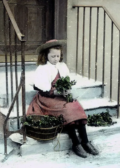 Framed Print : Girl with flower posy in the snow Framed Print : Girl with flower posy in the snow